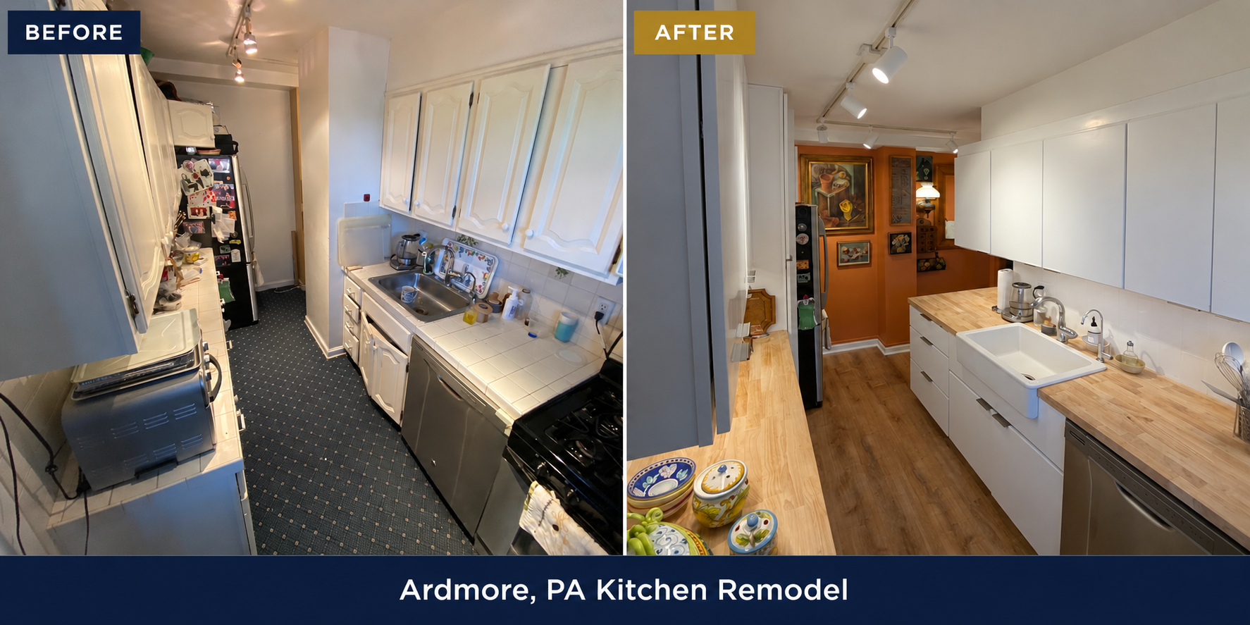 Before and after kitchen remodel in Ardmore, Pennsylvania