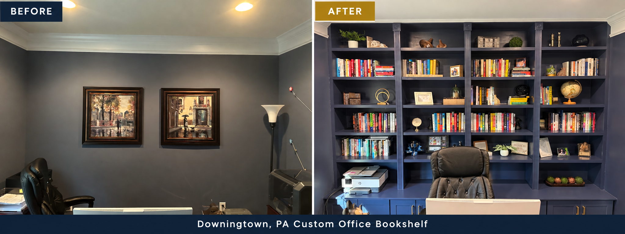 Before and after custom office bookshelf in Downingtown, Pennsylvania