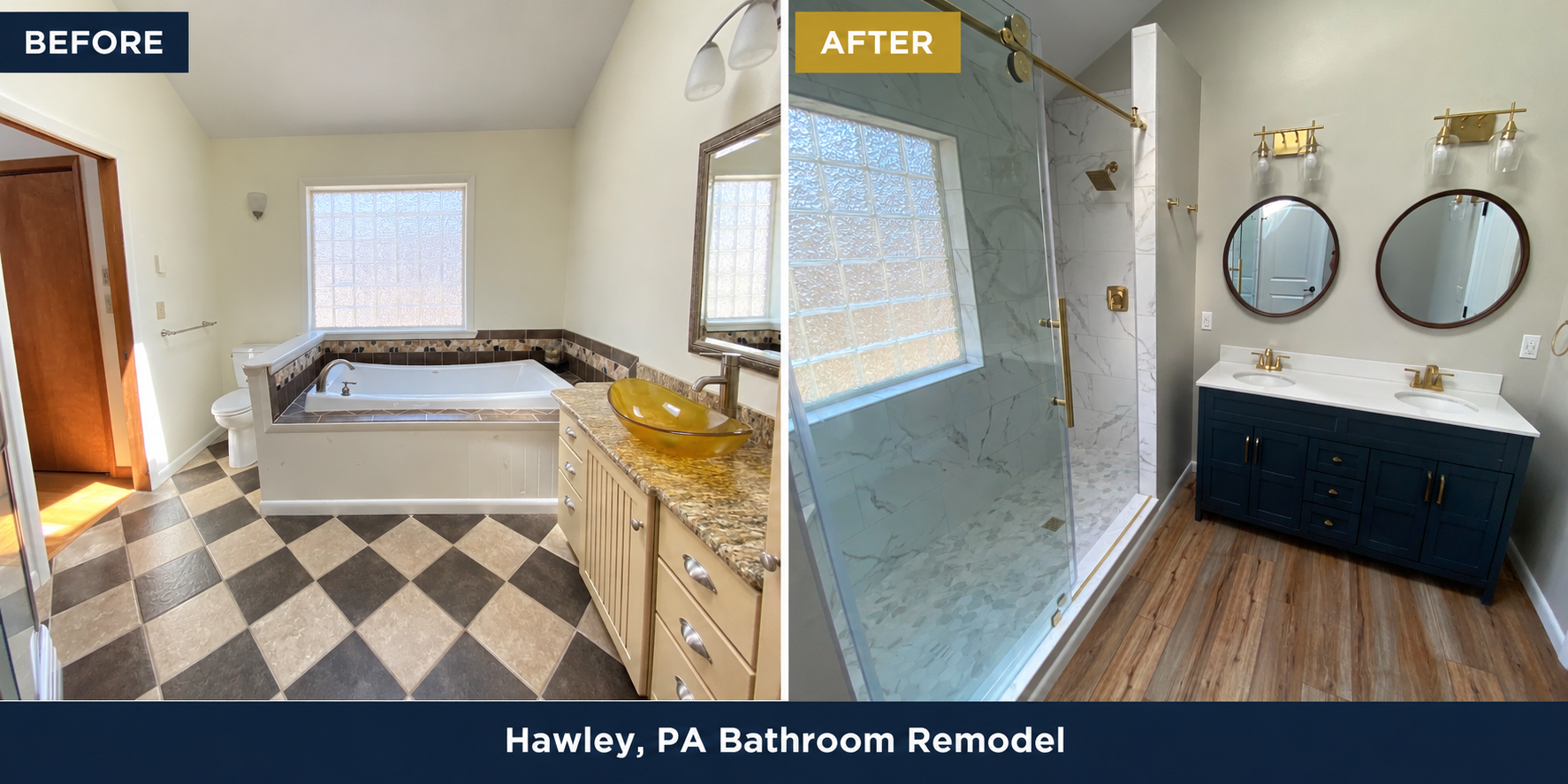 Before and after bathroom remodel in Hawley, Pennsylvania