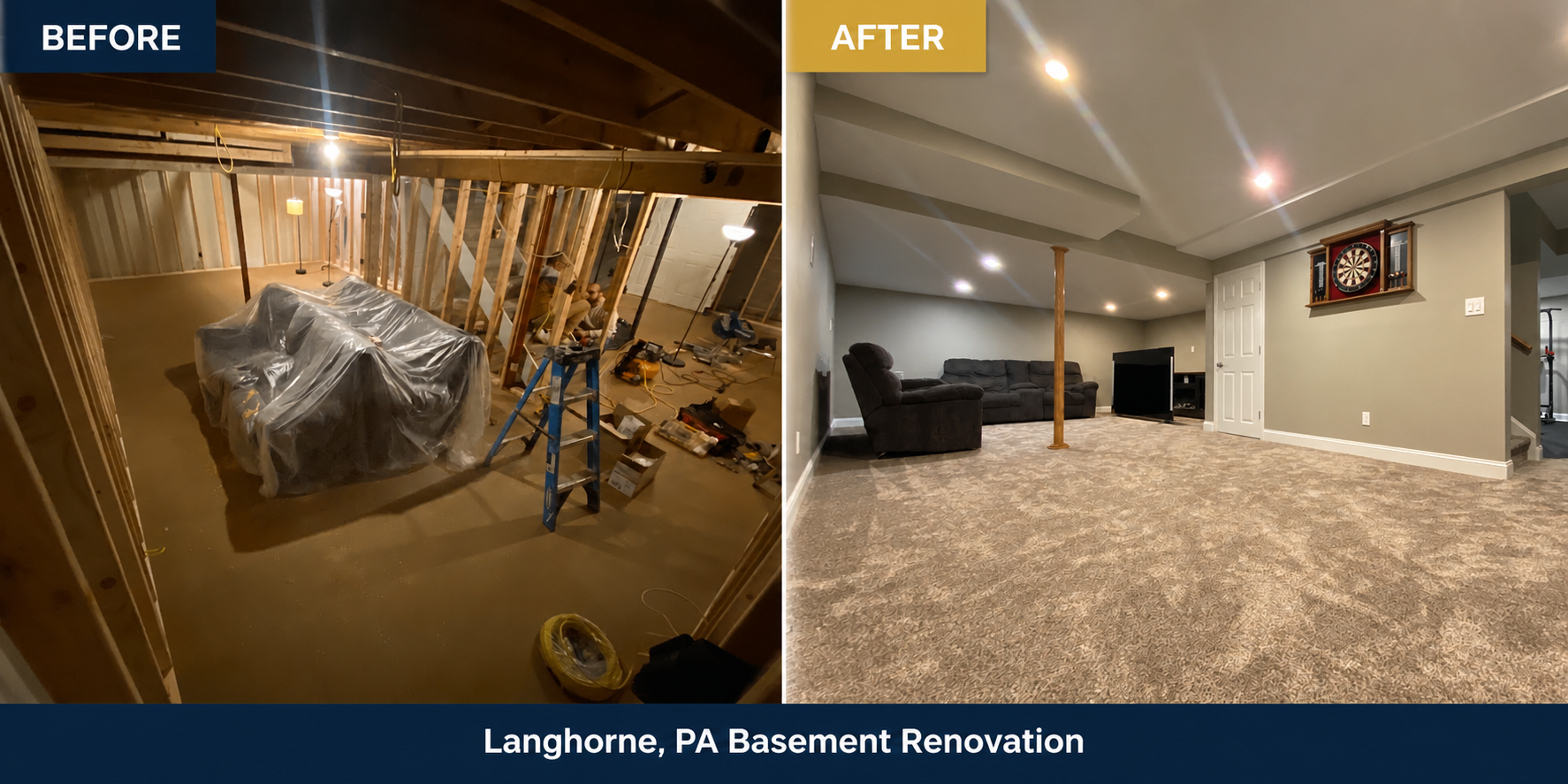 Before and after basement renovation in Langhorne, Pennsylvania
