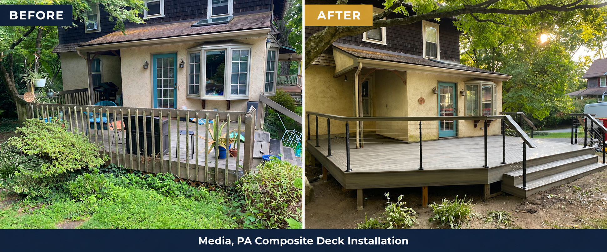 Before and after composite deck installation in Media, Pennsylvania